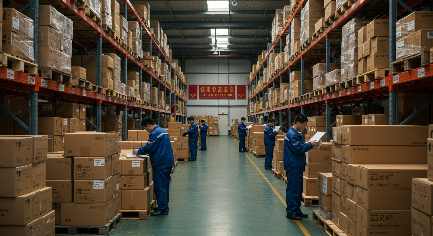 Логистический хаб с контейнерами и рабочими для доставки в Россию