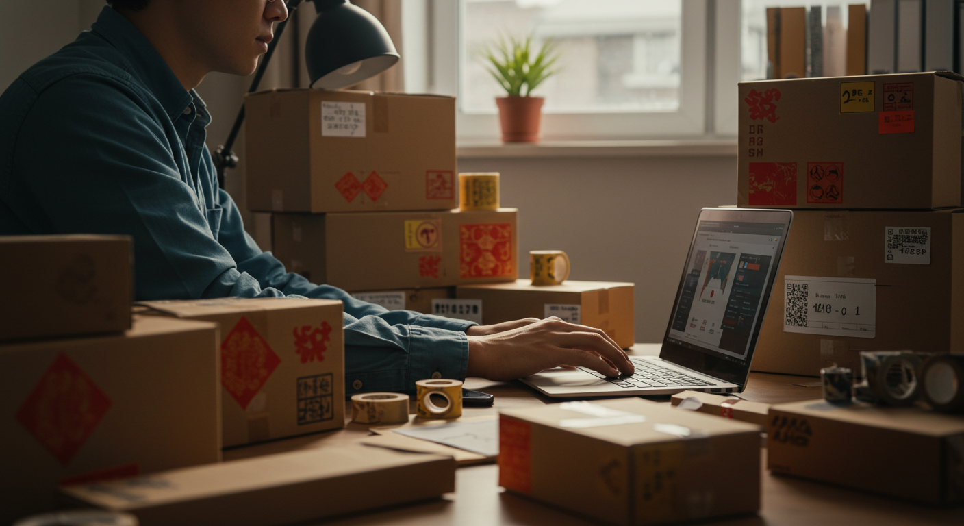 Логистический хаб с контейнерами и грузовиками для доставки из Китая в Россию