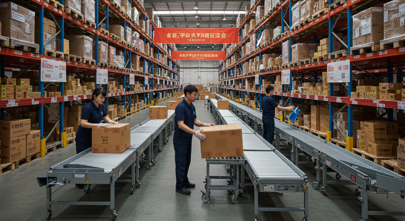 Логистический хаб с контейнерами, подготовка грузов для доставки в Россию