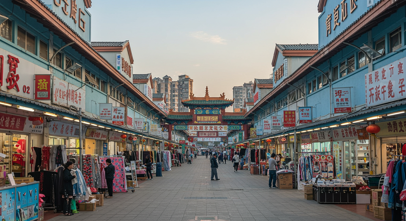 Логистический хаб с грузовыми коробками и китайскими транспортными средствами на фоне команды GOMARKT.RU