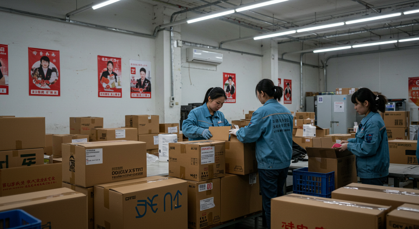 Логистический хаб в Иу, Китай, с упаковками для Wildberries и Ozon