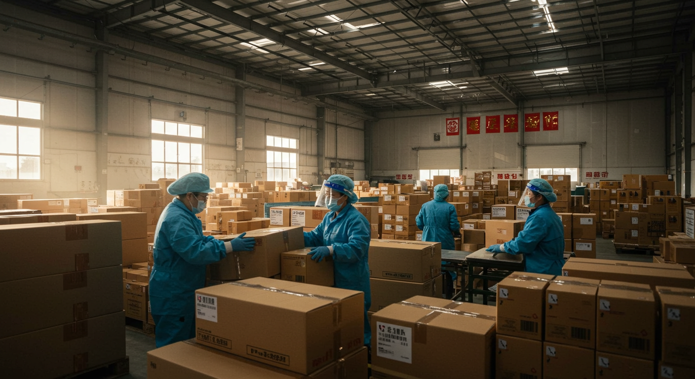 Логистический коридор в Китае с грузовиком и знаками санитарии