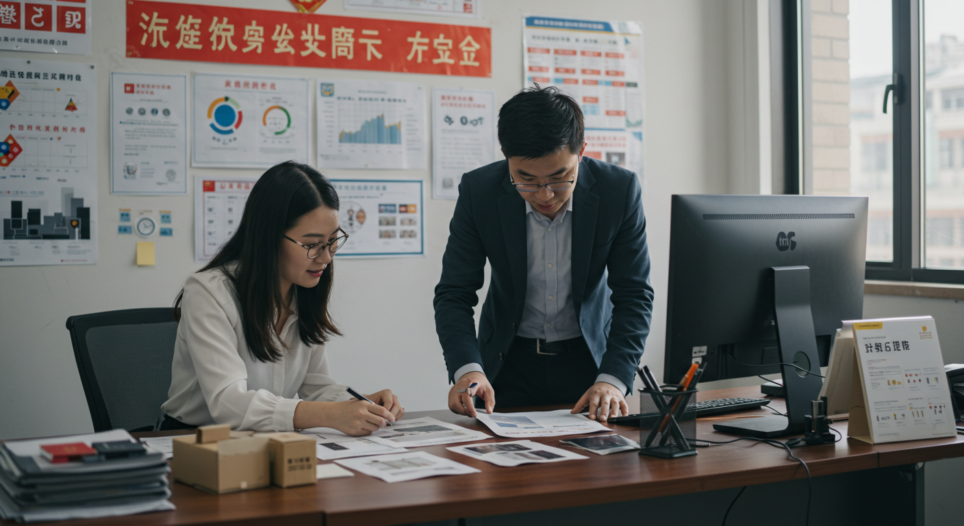 Логистический склад в Китае с работниками и грузовиками для доставки