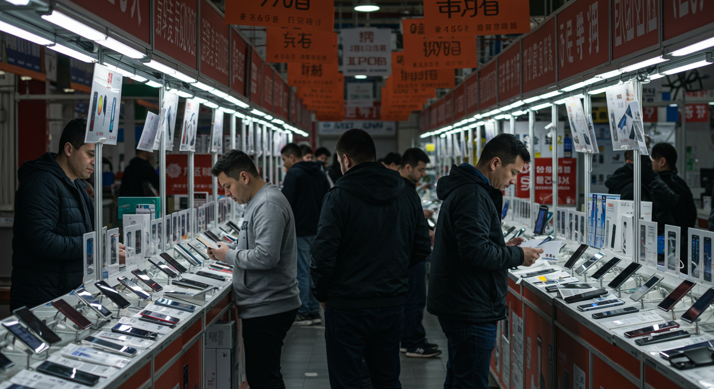 Логистический центр GOMARKT с грузовиками и коробками смартфонов на доставке