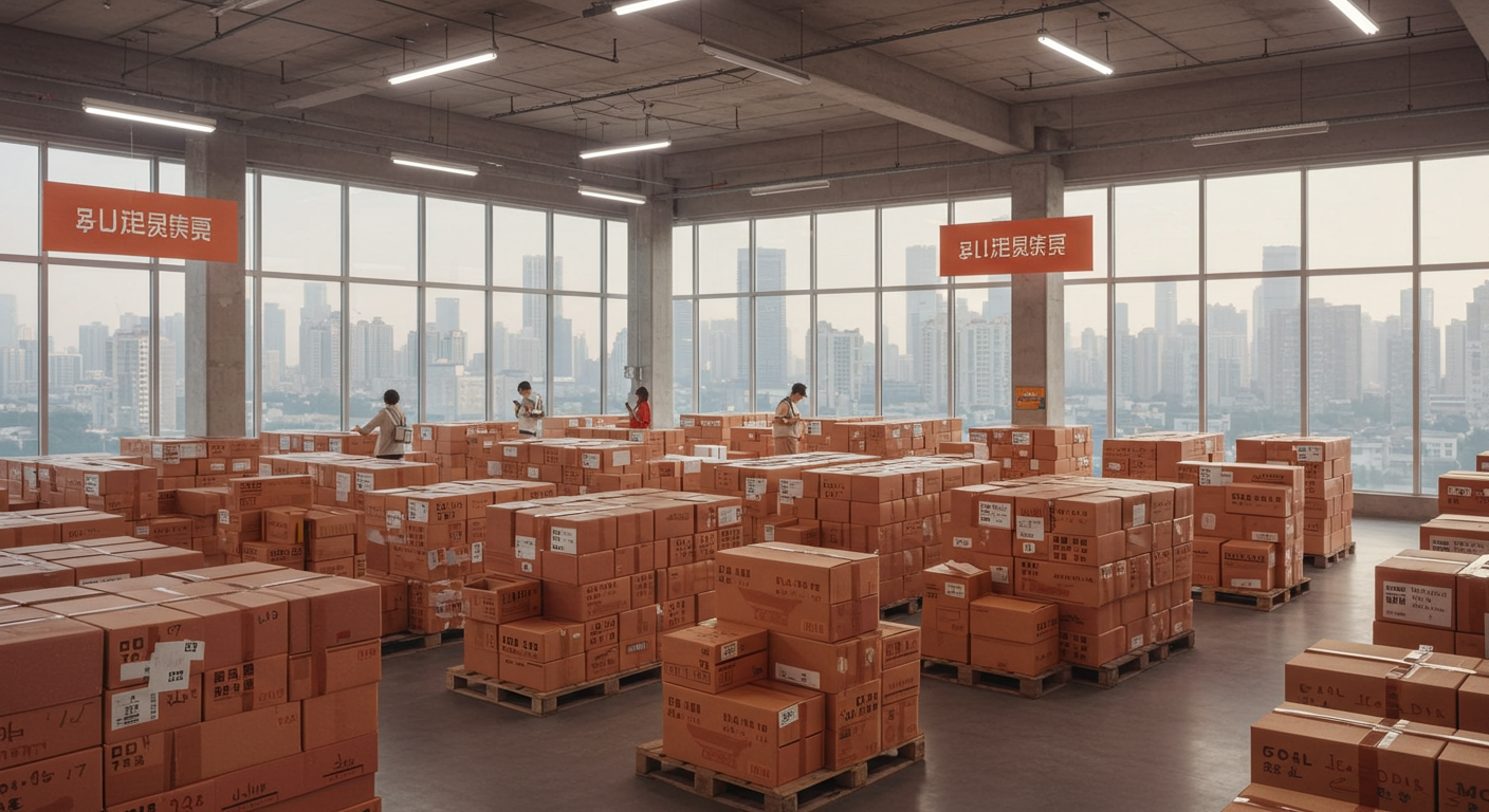 Логистический центр с коробками Pinduoduo и документами на таможне