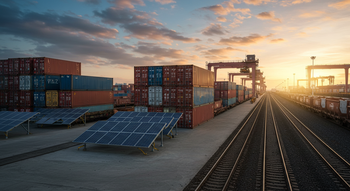 Логистический центр с упаковкой солнечных панелей для доставки