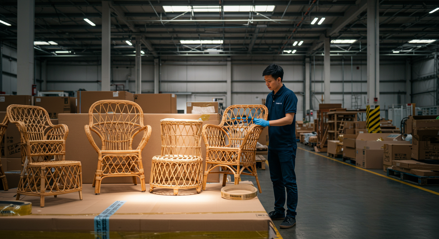 Логистический центр в Китае, контейнеры с мебелью и рабочие проверяют документы.