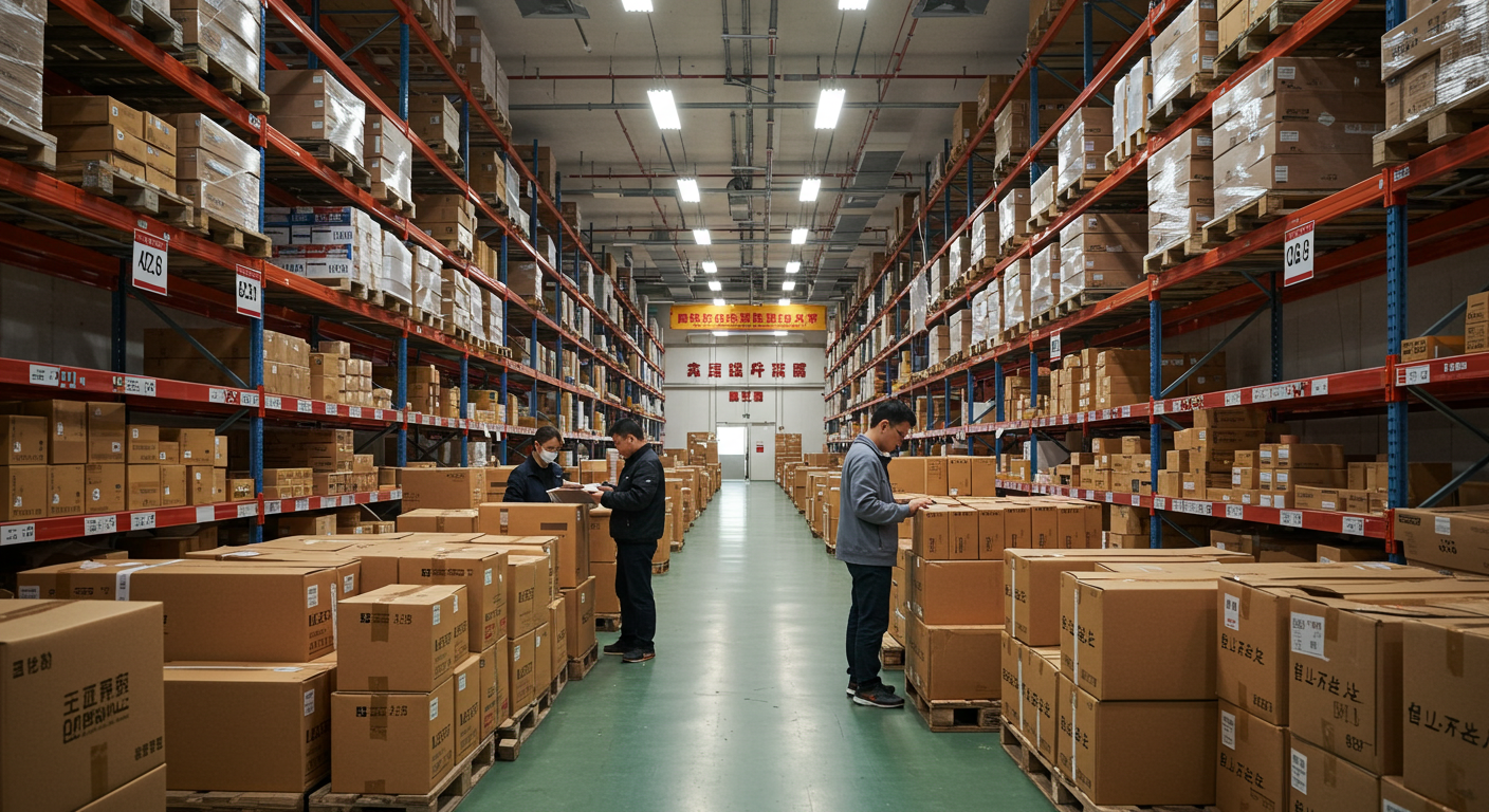 Логистический центр в Китае с грузовиками и активностью на погрузочной площадке