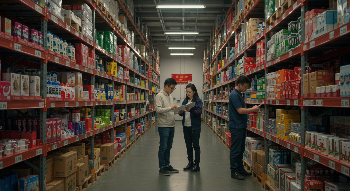 Логистический центр в Китае с контейнерами и грузовиками для доставки