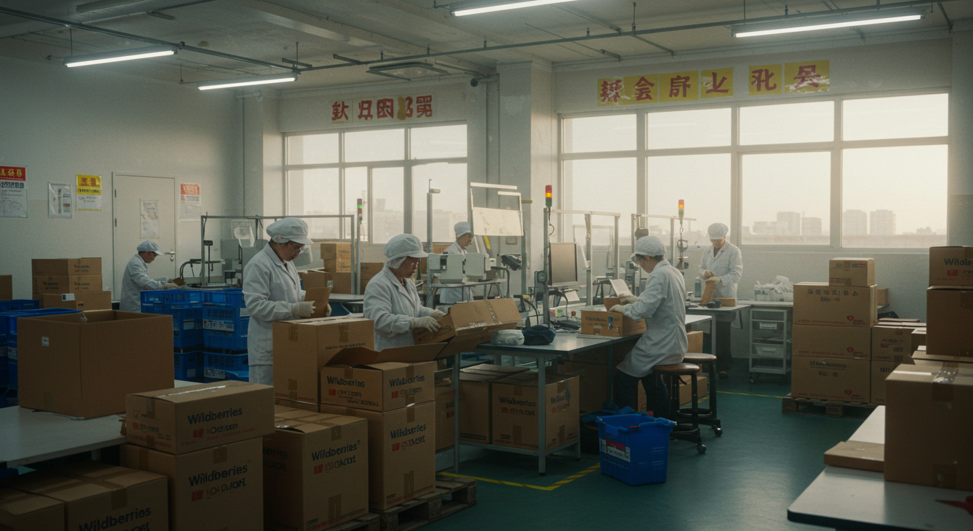 Логистический центр в Китае с контейнерами и грузовиками для доставки