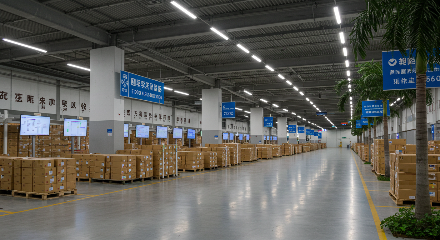 Логистический центр в порту Хайнаня с контейнерами и кранами на фоне пальм