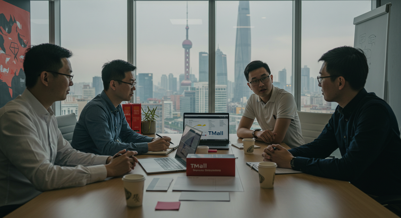 Магазин Tmall Global в стильном китайском районе, местные покупатели с телефонами