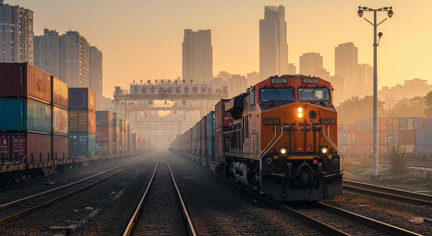 Мультимодальный логистический хаб в Китае с контейнерами, перемещаемыми с корабля на поезд