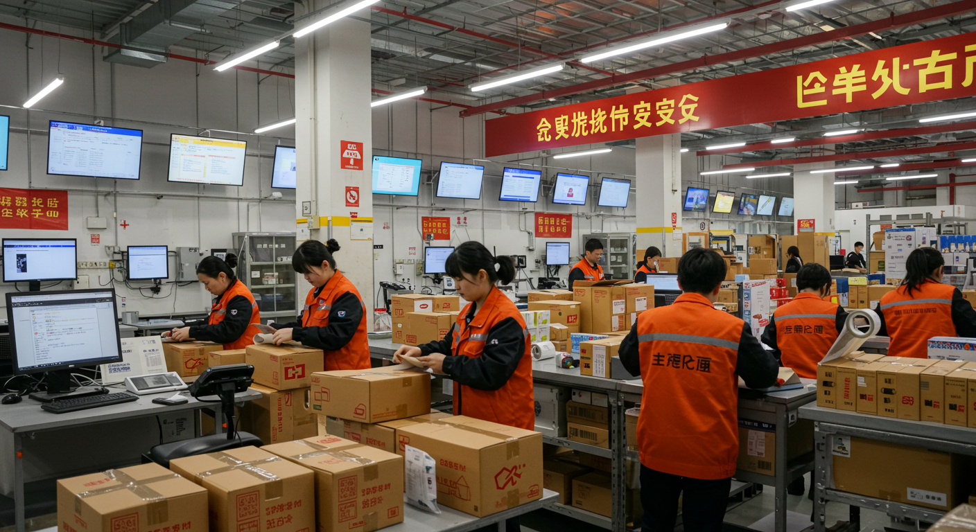 Мультимодальный транспортный узел в Китае: грузовик выгружает контейнер на платформу