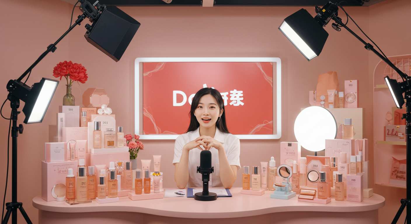 Мужчина-блогер тестирует гаджет на прямом эфире Taobao с яркими аксессуарами