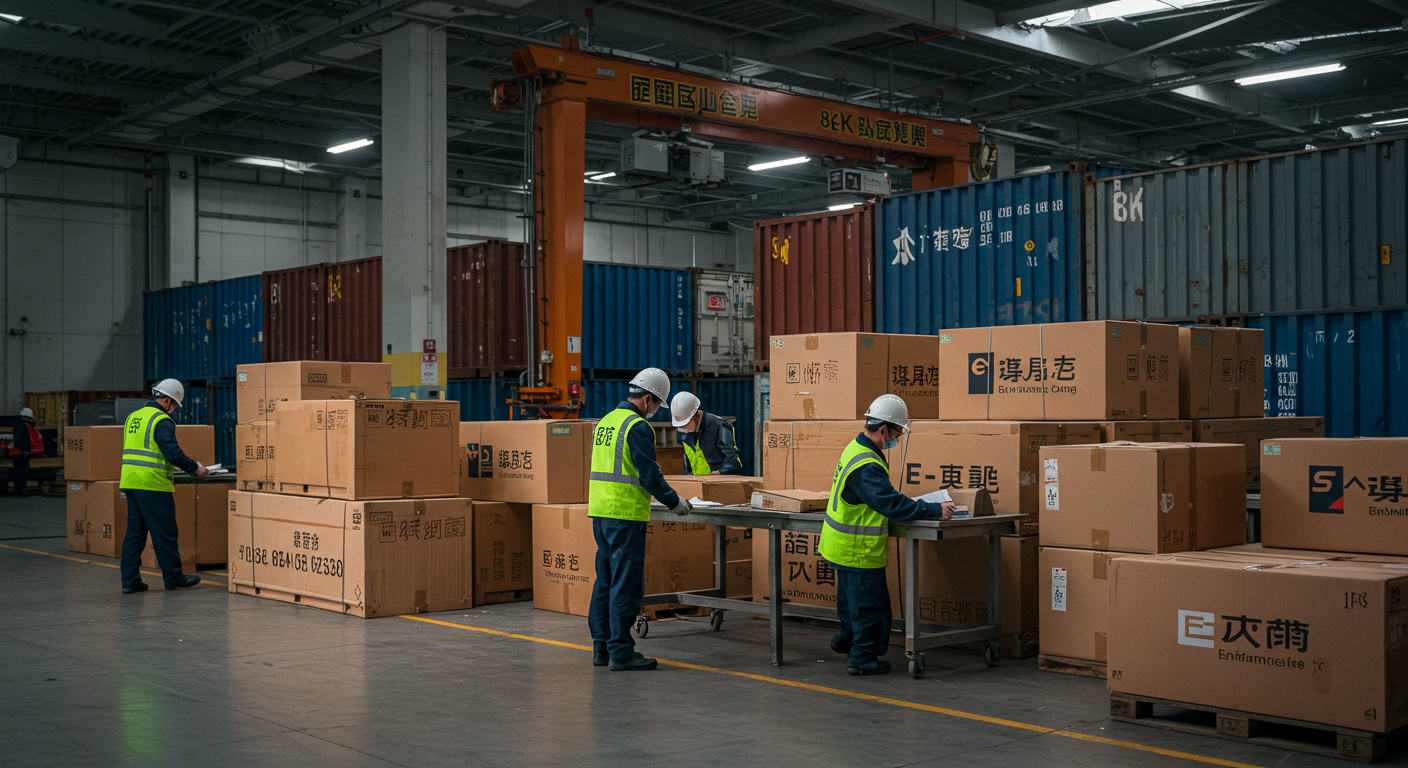 Нагруженные грузовики на логистическом хабе в Китае с контейнерами для доставки