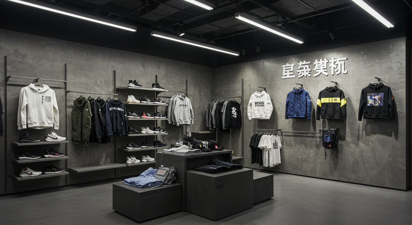 Настольный компьютер с сайтом Poizon и стильными товарами на фоне китайского склада