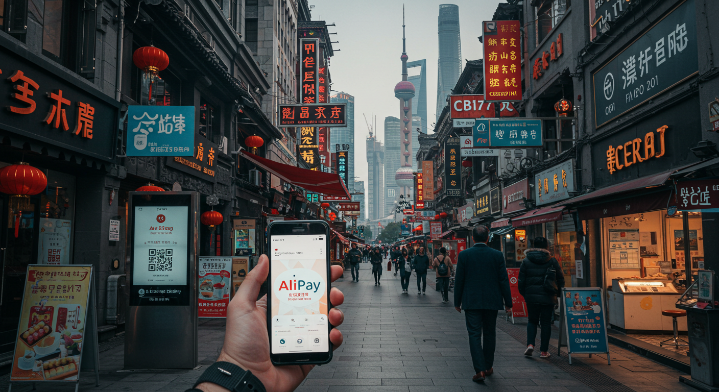 Ноутбук с экраном AliPay и посылки с китайскими надписями в логистике