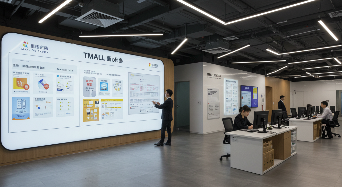 Ноутбук с открытой панелью Tmall Global и документами на китайском языке