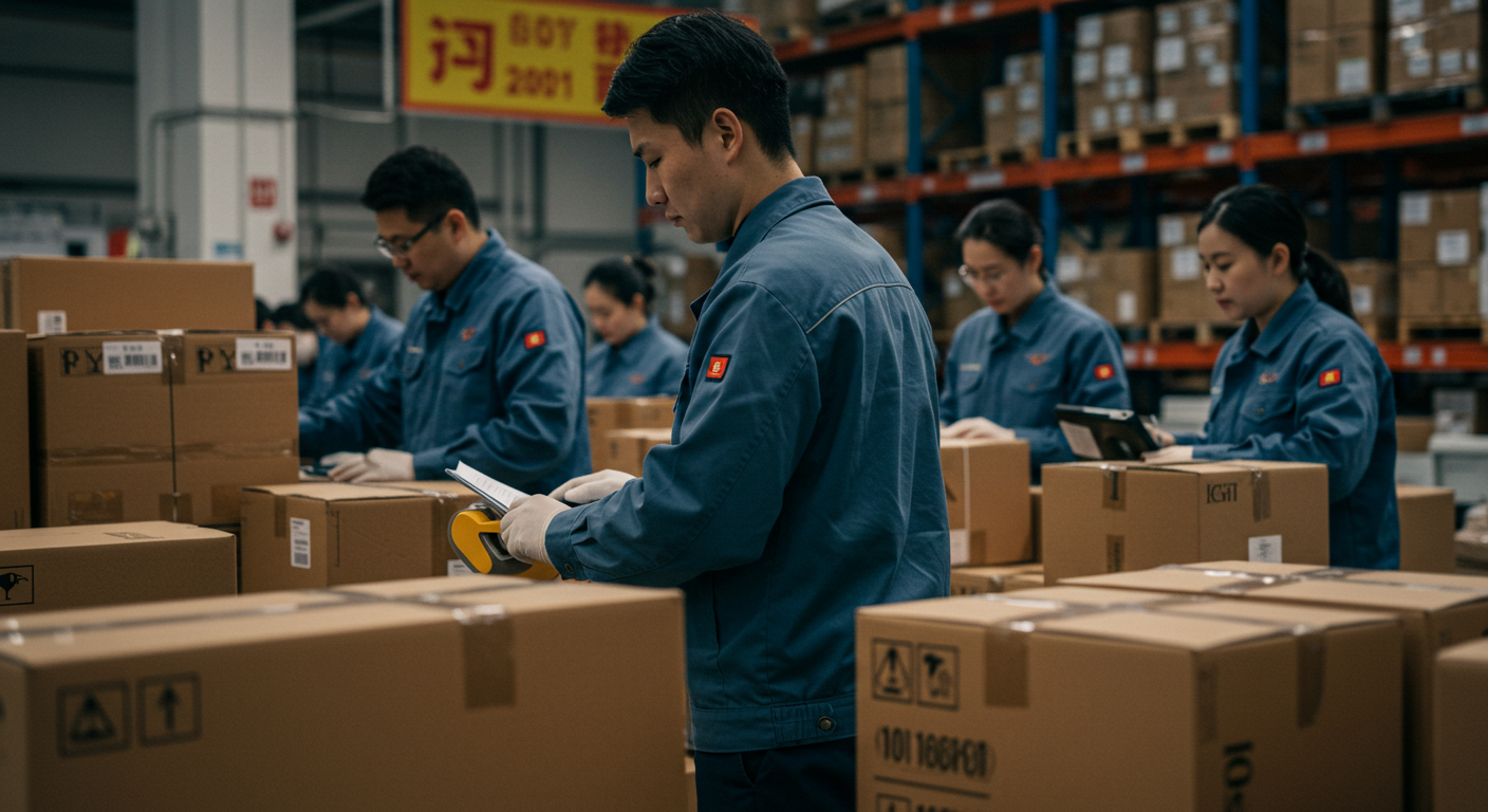 Офис брокера с открытой электронной декларацией на товар из Китая и видом на контейнерный двор.