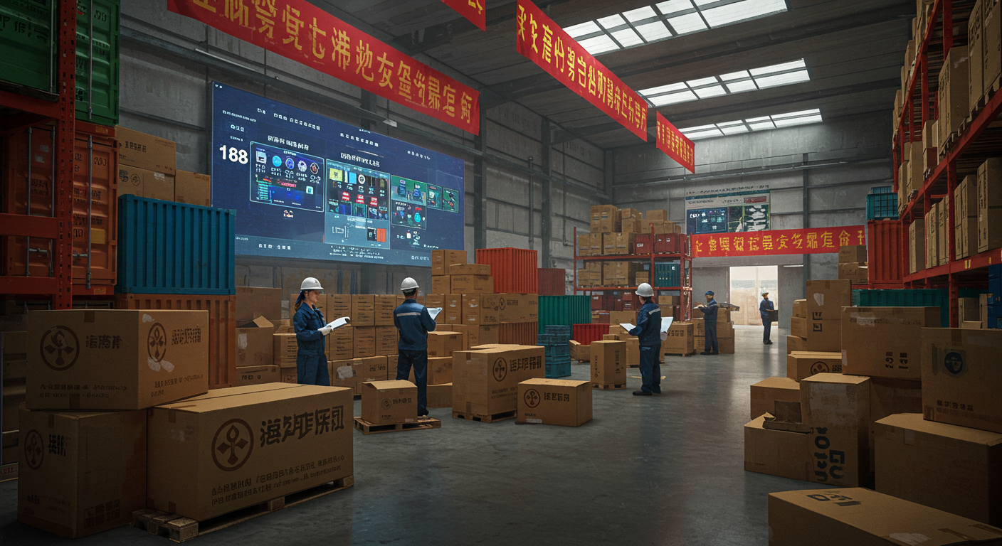 Офис логистики с командой, анализирующей данные поставщиков и карту торговли с Китаем