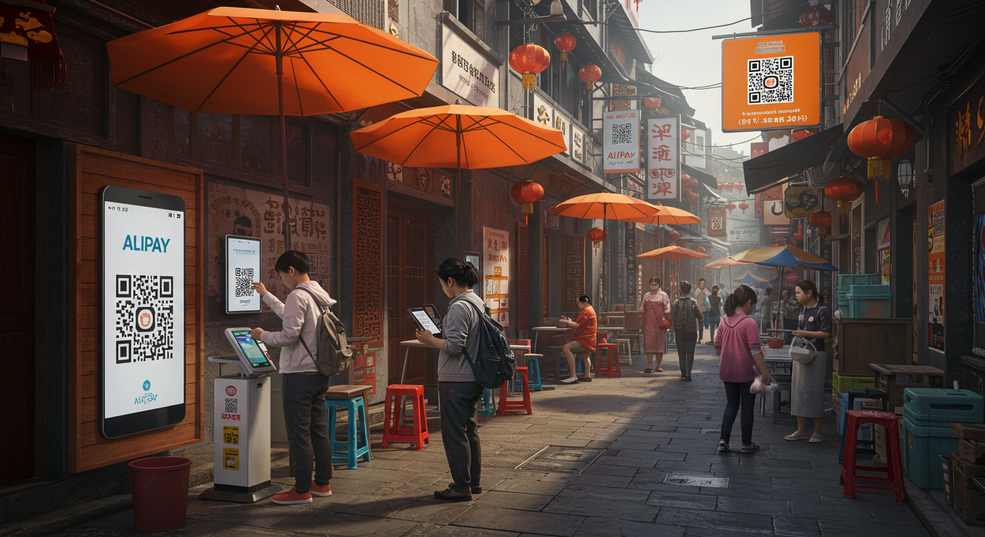 Офис стартапа с интерфейсами финтех-систем и логотипами Alipay