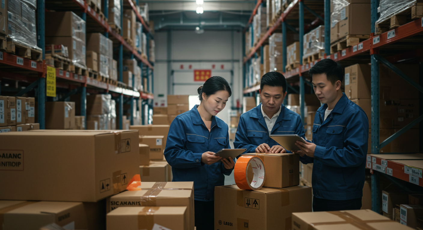 Оптовый китайский рынок с товарами и взаимодействием покупателей и продавцов