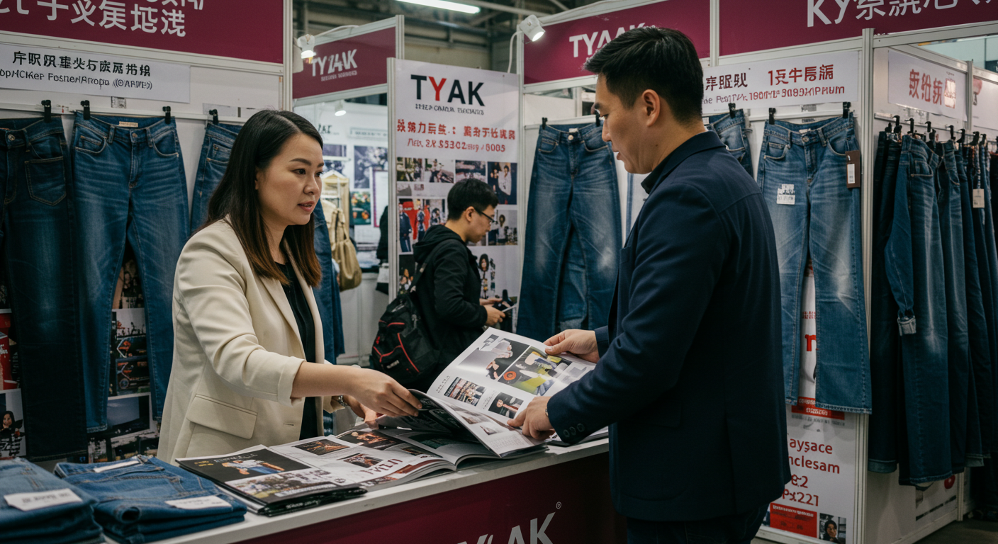 Оптовый рынок джинсов в Москве с покупателями и китайскими вывесками