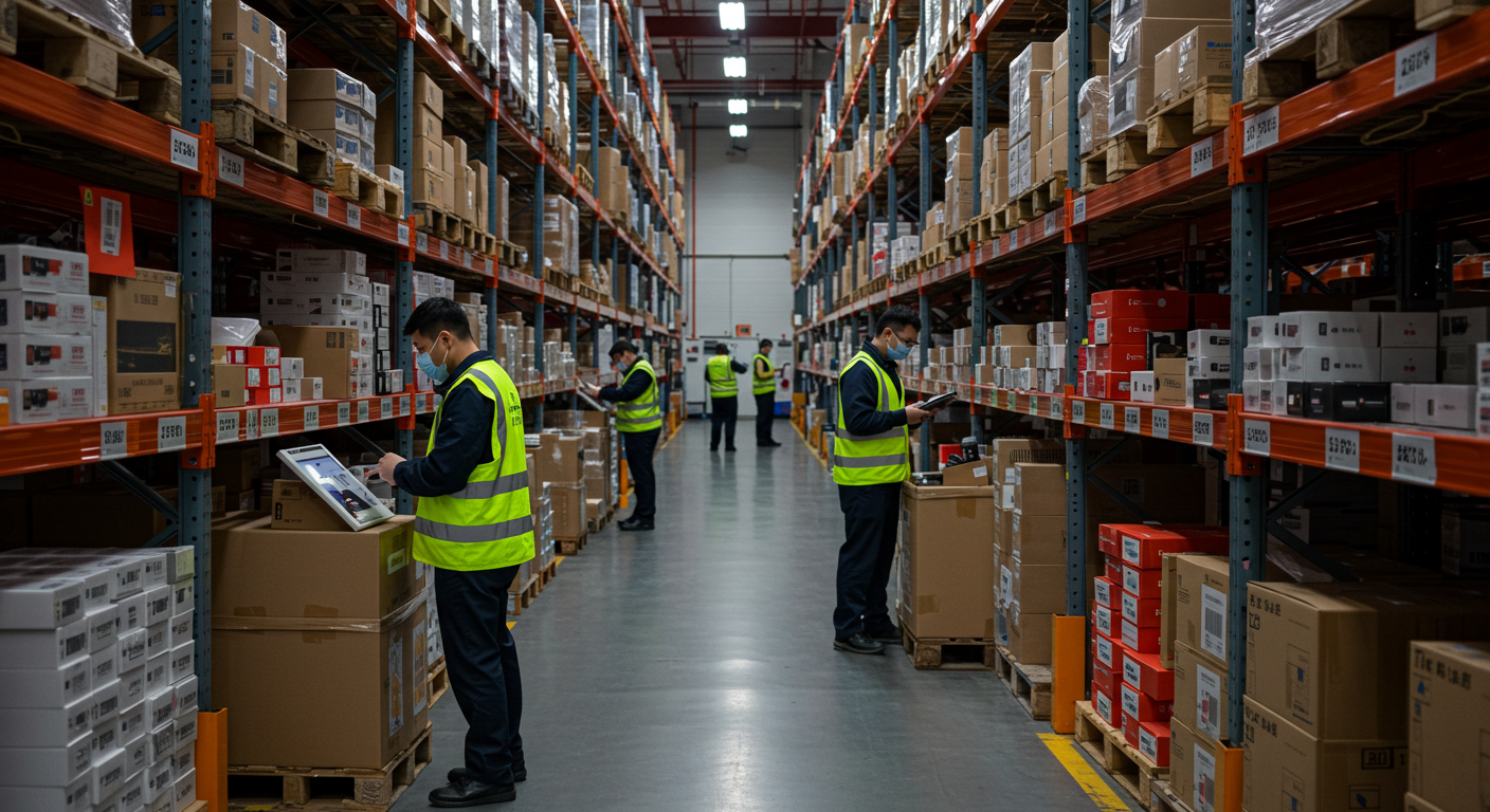 Оптовый рынок электроники в Москве с яркими стендами смартфонов