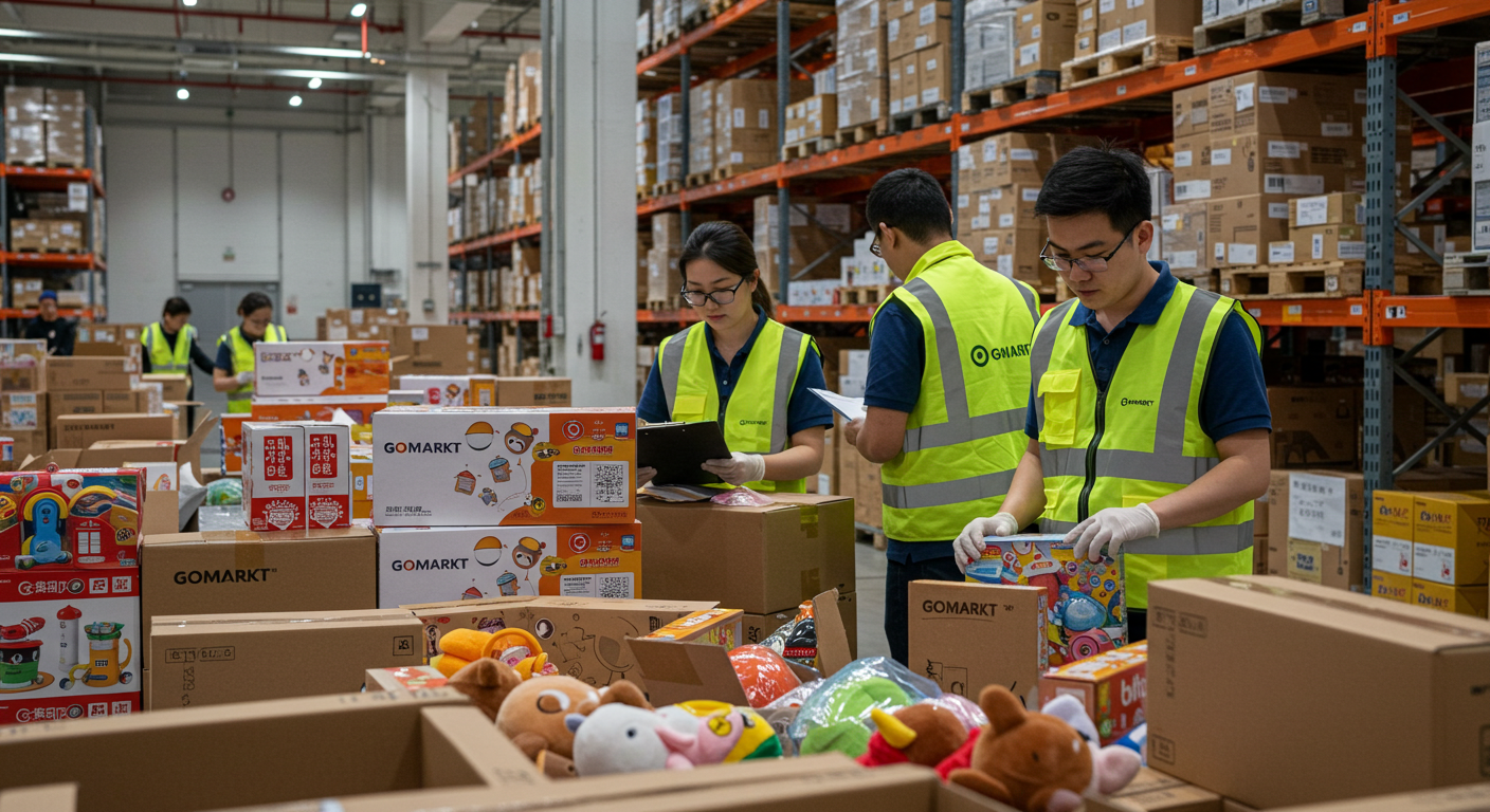 Оптовый рынок игрушек в Москве с яркими товарами и китайскими надписями