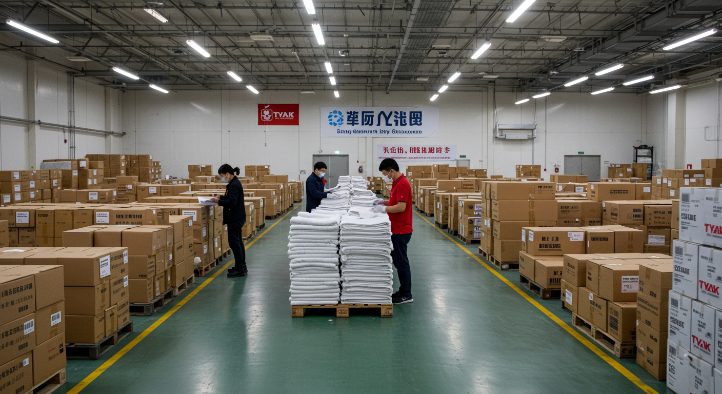 Оптовый рынок текстиля ТЯК в Москве с яркими полотенцами