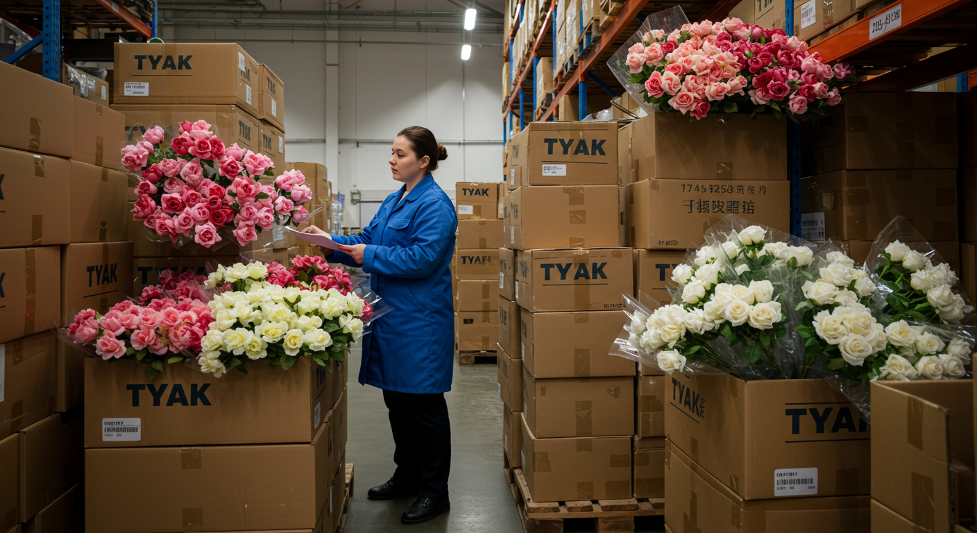 Оптовый рынок ТЯК Москва с яркими букетами и китайскими вывесками