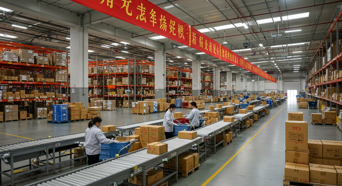 Оптовый рынок в Китае с высокими коробками и переговорами на мандарине