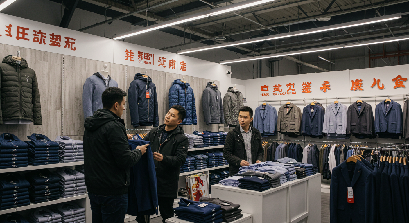 Открытая торговая площадь на рынке Садовод с одеждой и покупателями