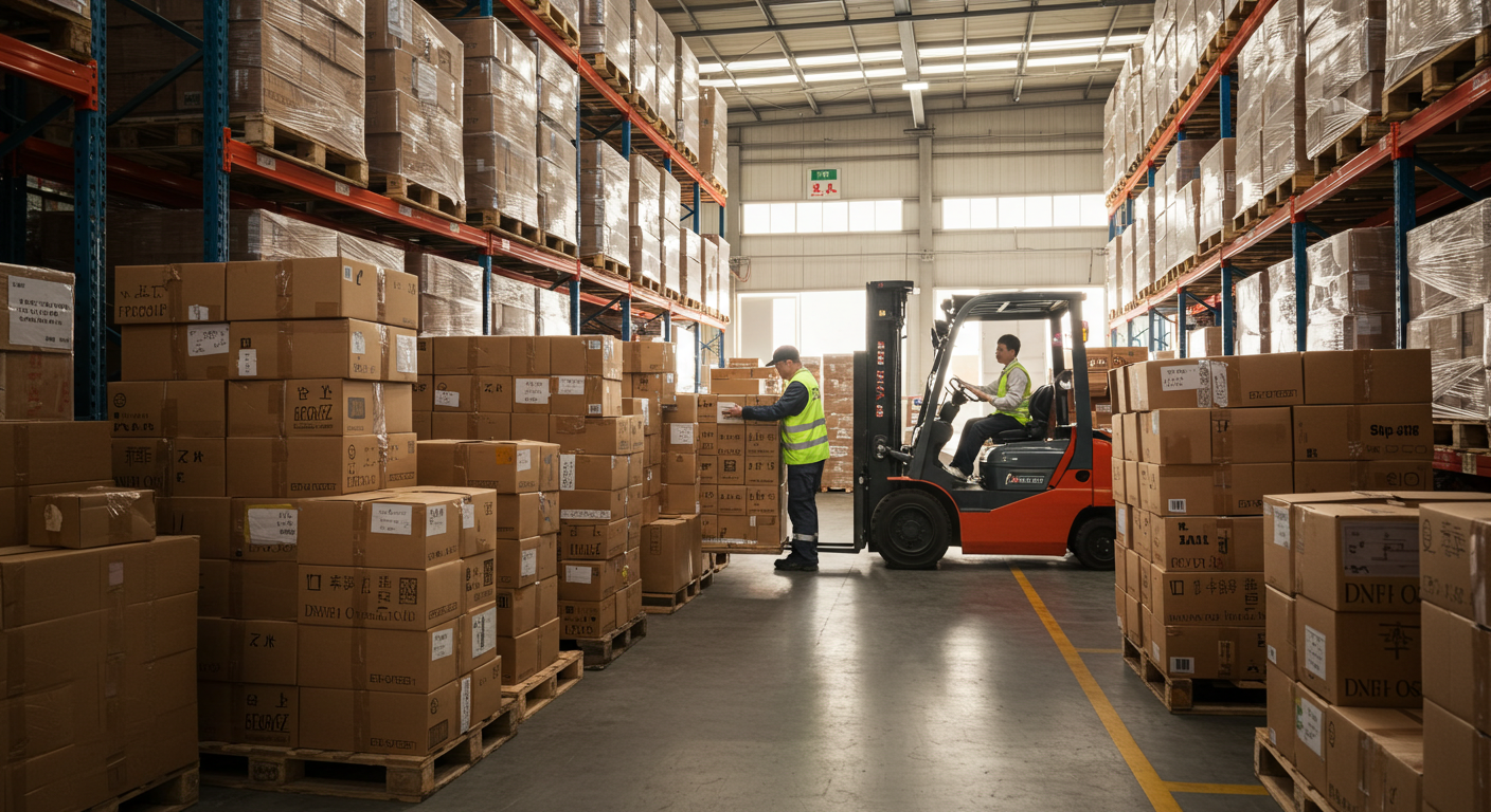 Открытый рынок в Китае с товарами оптом, покупатели выбирают электронику и текстиль.