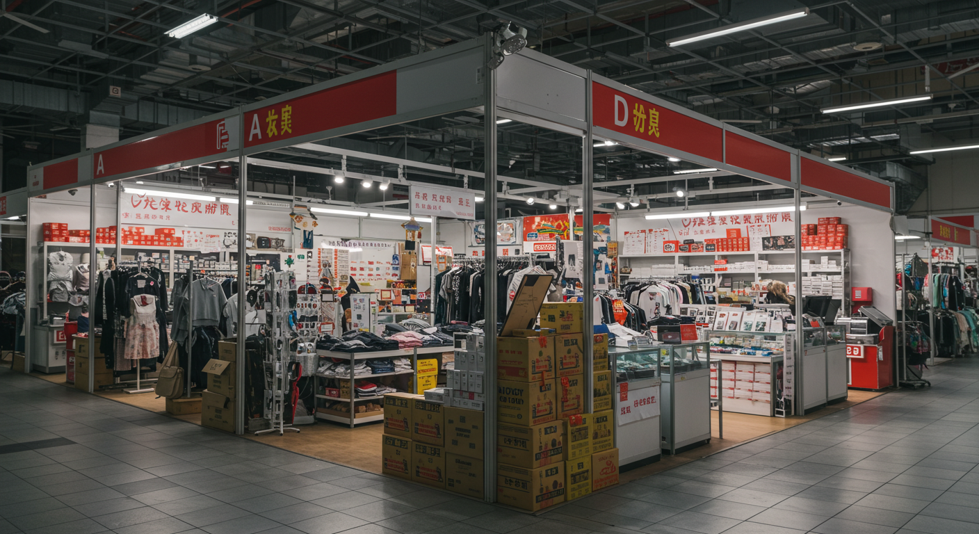 Оживленный оптовый рынок в Гуанчжоу с продукцией и покупателями, рассматривающими текстиль и электронику