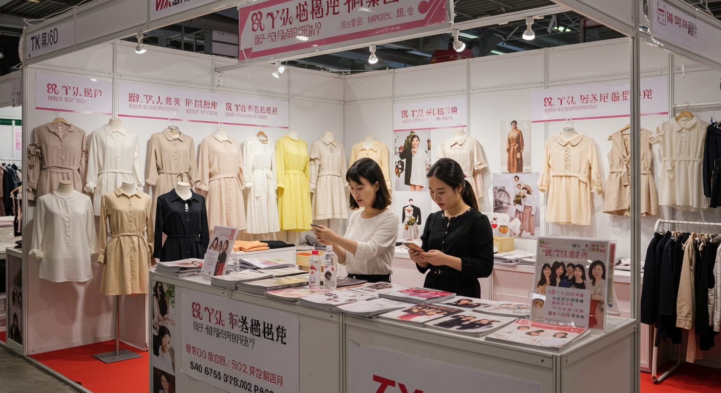 Оживлённый оптовый рынок модной одежды в Китае с павильонами и покупателями.