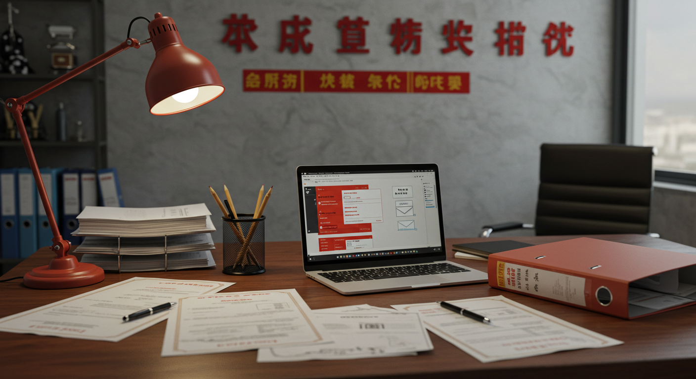 Панорама Гуанчжоу с предупреждающими знаками и несоответствующими печатями на документах