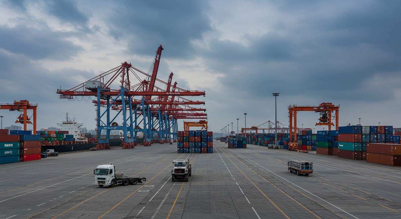 Панорама логистической экосистемы Даляня с портом, грузовиками и складами