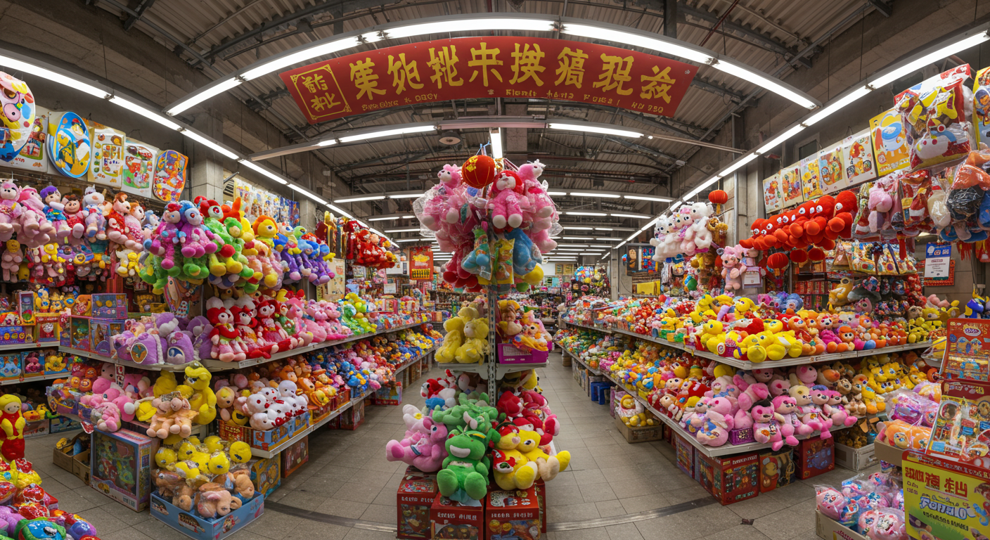 Панорамный вид рынка игрушек Южные Ворота в Гуанчжоу с активностью покупателей.