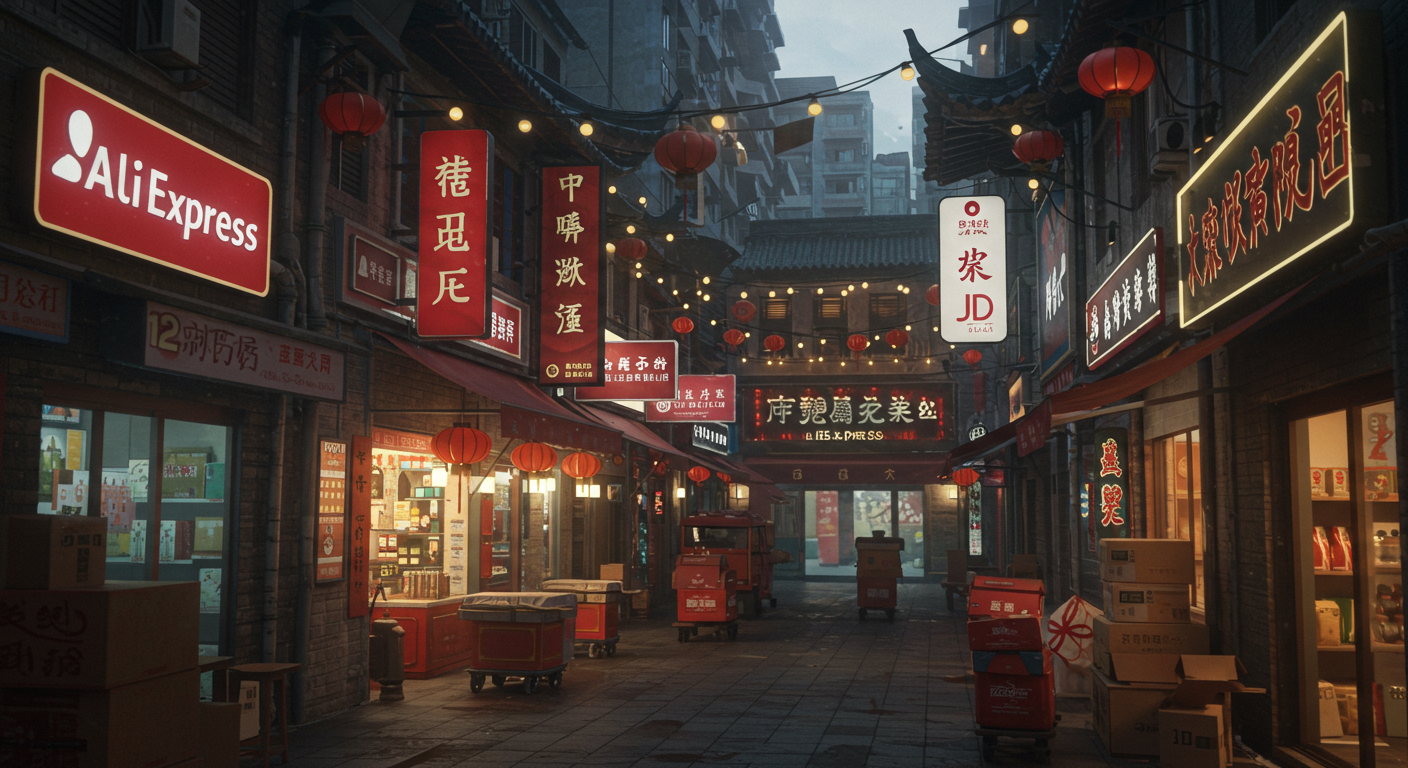 Панорамный вид на китайскую экосистему электронной коммерции с активностью покупателей и курьеров