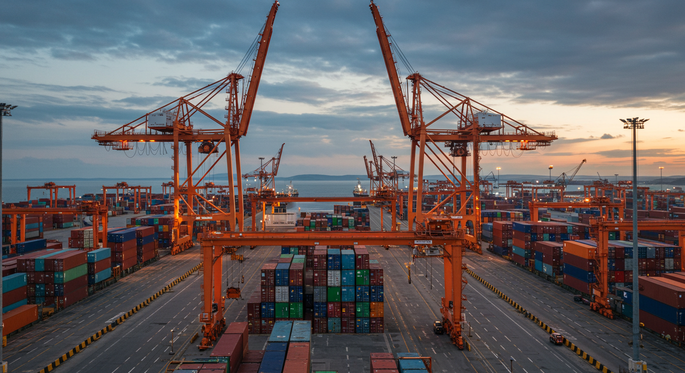 Панорамный вид логистического хаба Восточного порта с контейнерами и кранами