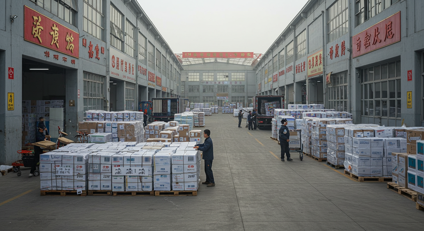 Панорамный вид на маршрут доставки через границу Казахстана и Китая с грузовиками и контейнерами