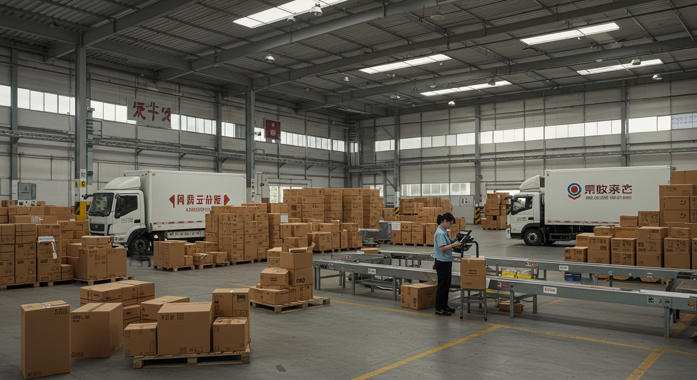 Показ продукции на заводе в Китае с образцами и яркими баннерами