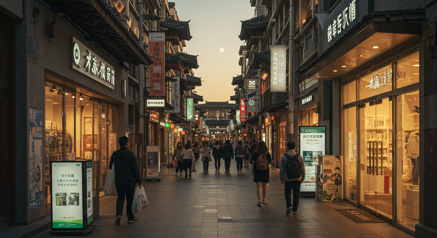 Полка с нишевыми товарами в китайском магазине, акцент на здоровье и технологии.