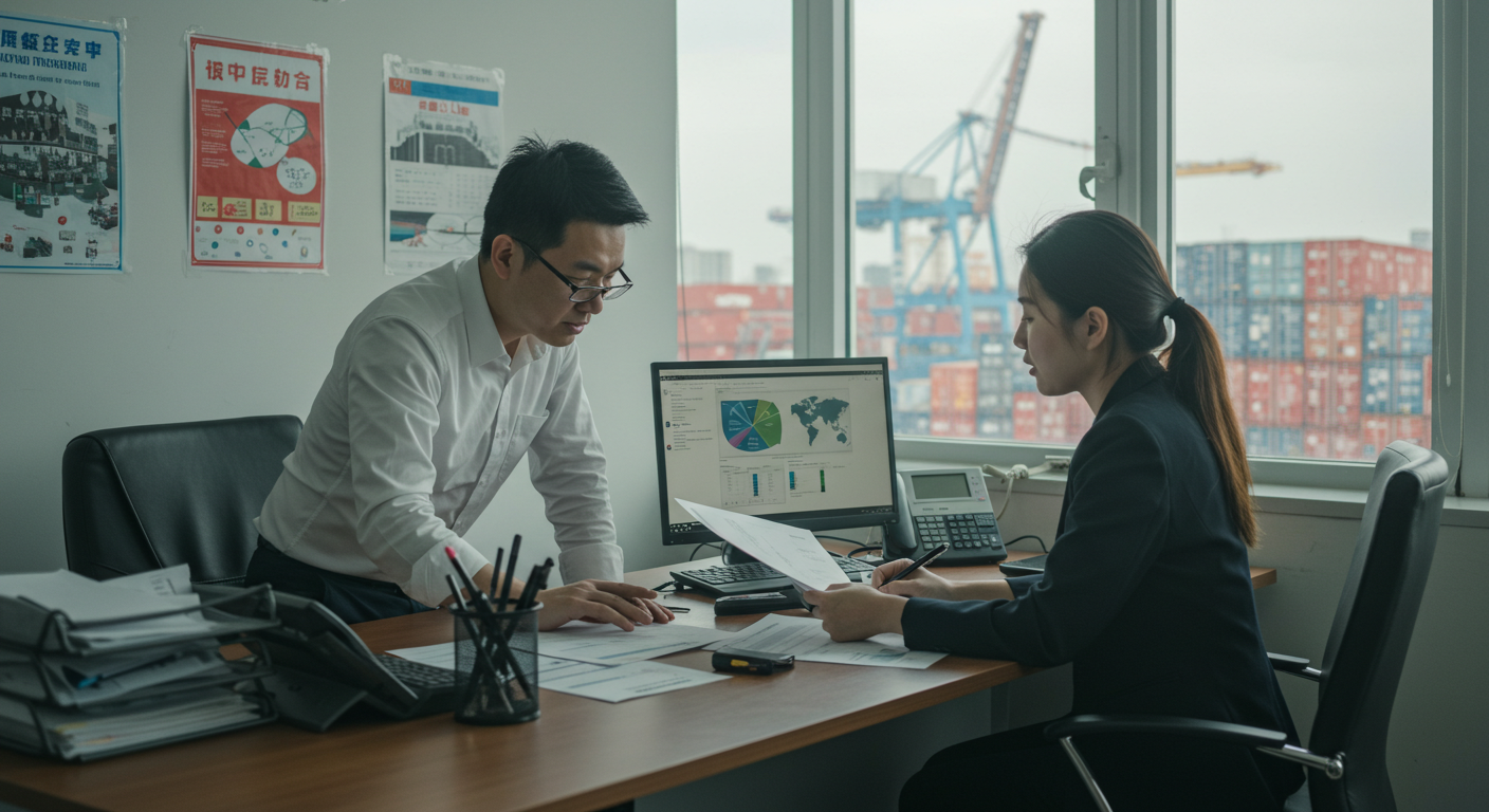 Порт в Китае с контейнерным кораблем и поврежденным грузом, подчеркивающим риски доставки