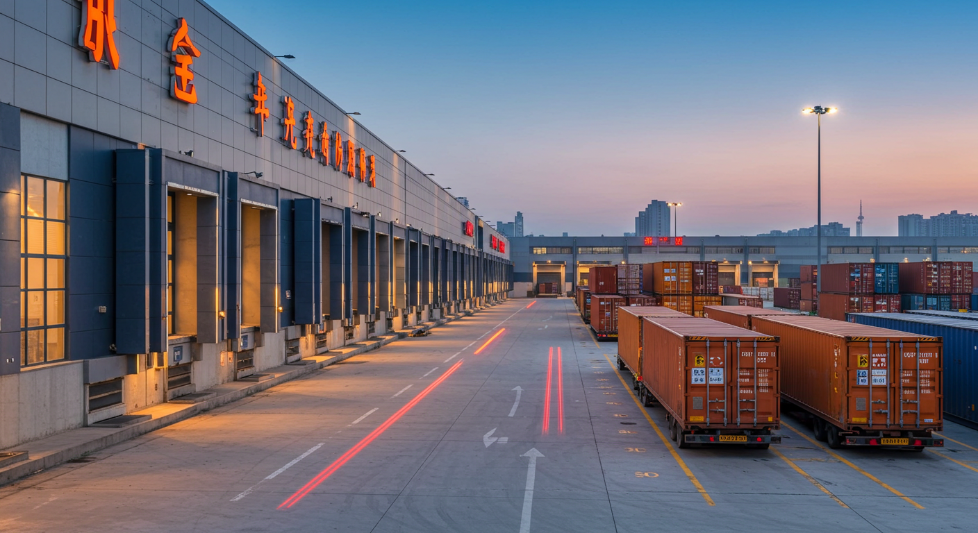 Портовый город в Китае с контейнерами и грузовыми судами на фоне гор