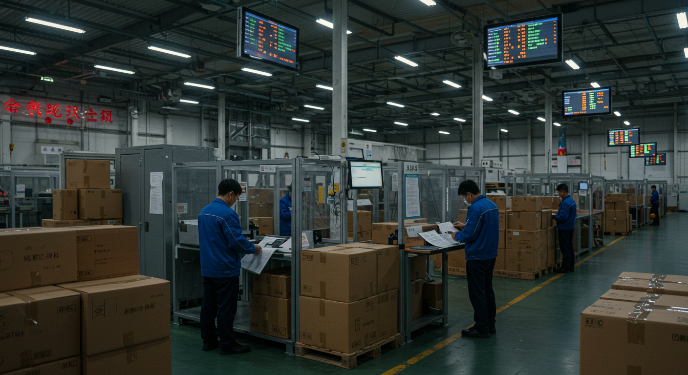 Портовый терминал в Китае с контейнерами, кранами и работниками логистики