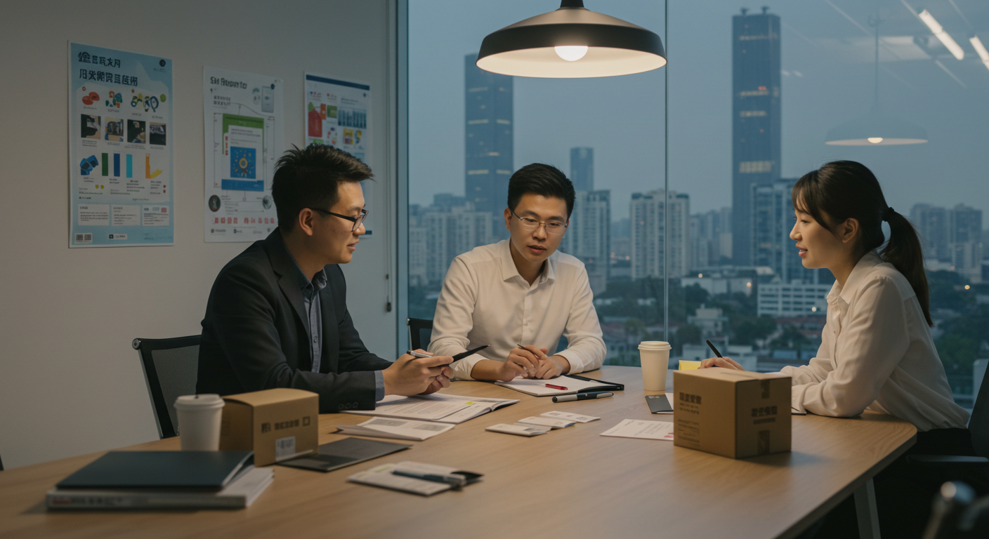 Предприниматель работает на ноутбуке в коворкинге, окружённый образцами товаров из Китая