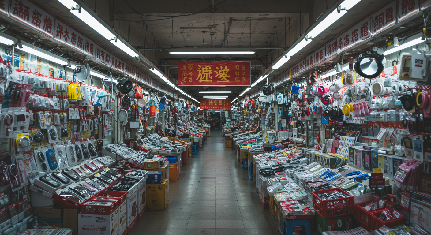 Предприниматель в офисе с упаковками китайских товаров и интерфейсом Авито на экране